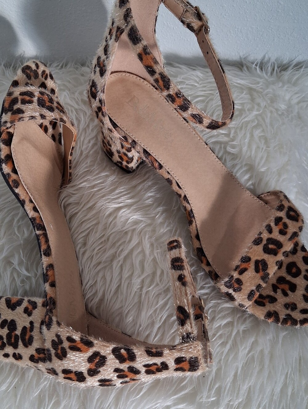Bella Marie Leopard Print Ankle-Strap Block Heels in Tan and Black
